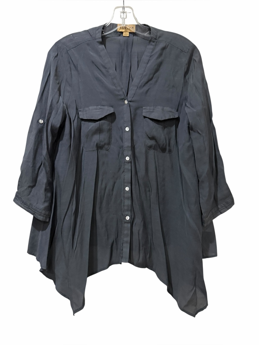 Beulah Large Gray Shark Bite Hem 3/4 Sleeve Lagenlook Blouse Top B3
